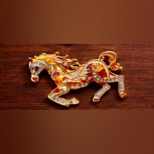 Yellow & Red Enamel, Mint Colorful Crystal Horse Brooch.